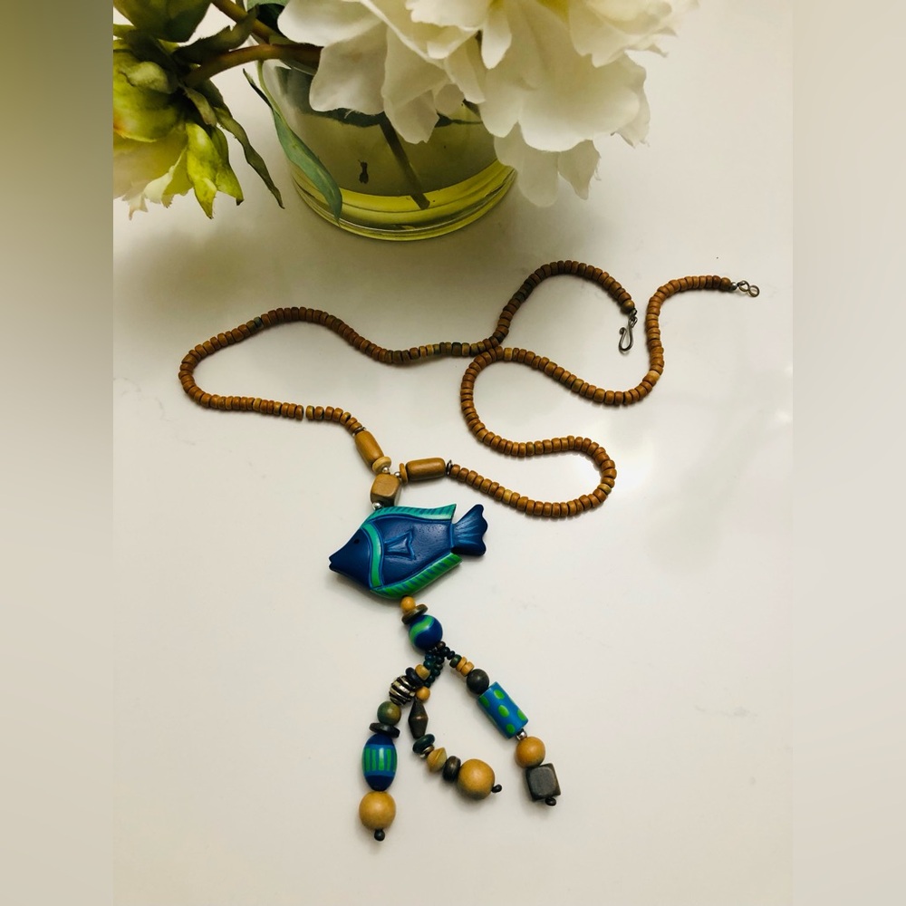 Vintage Bohemian Wooden Artisan Fish Necklace